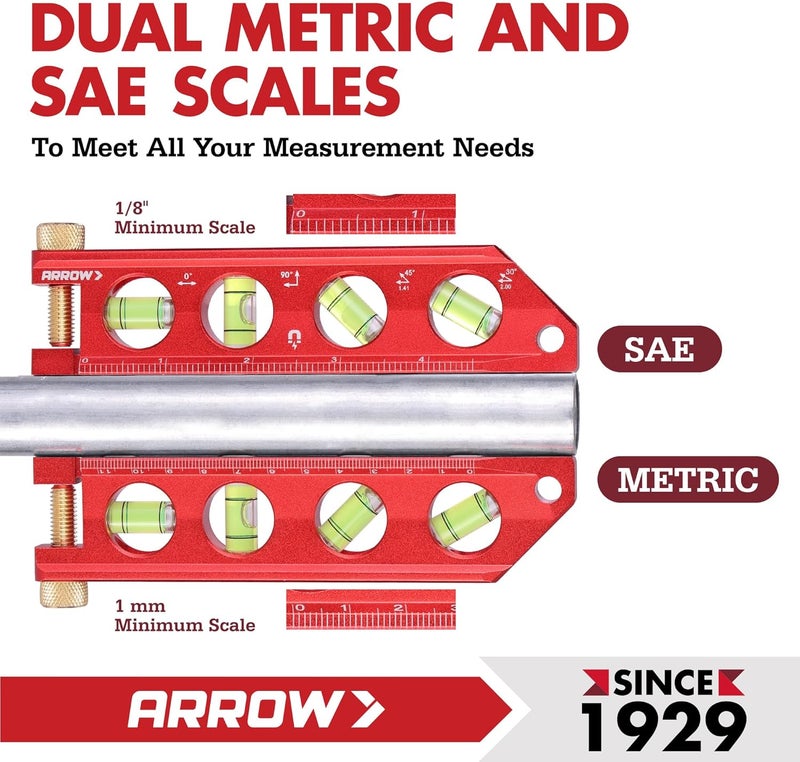 Arrow Fastener ARROW 6.3-Inch Torpedo Level, Magnetic Leveler with 0°/30°/45°/90° Bubbles, Top-view Windows, Aluminium Alloy Frame, Dual Metric and SAE Scales - Image 5